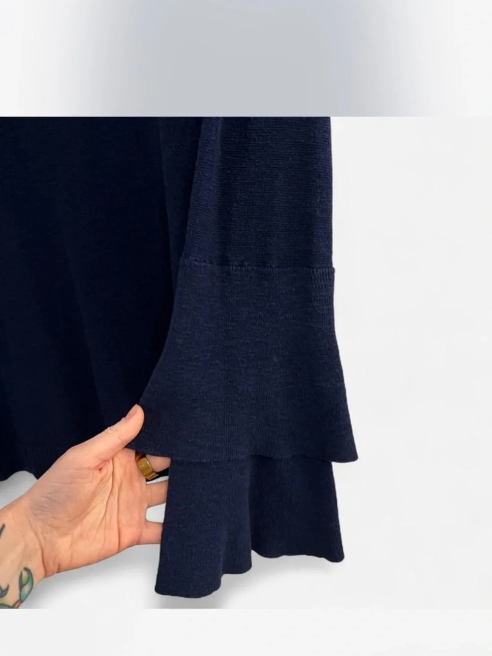 J.Crew Open-Front Navy Cardigan Sweater with Tiered Ruffle Sleeve Details
